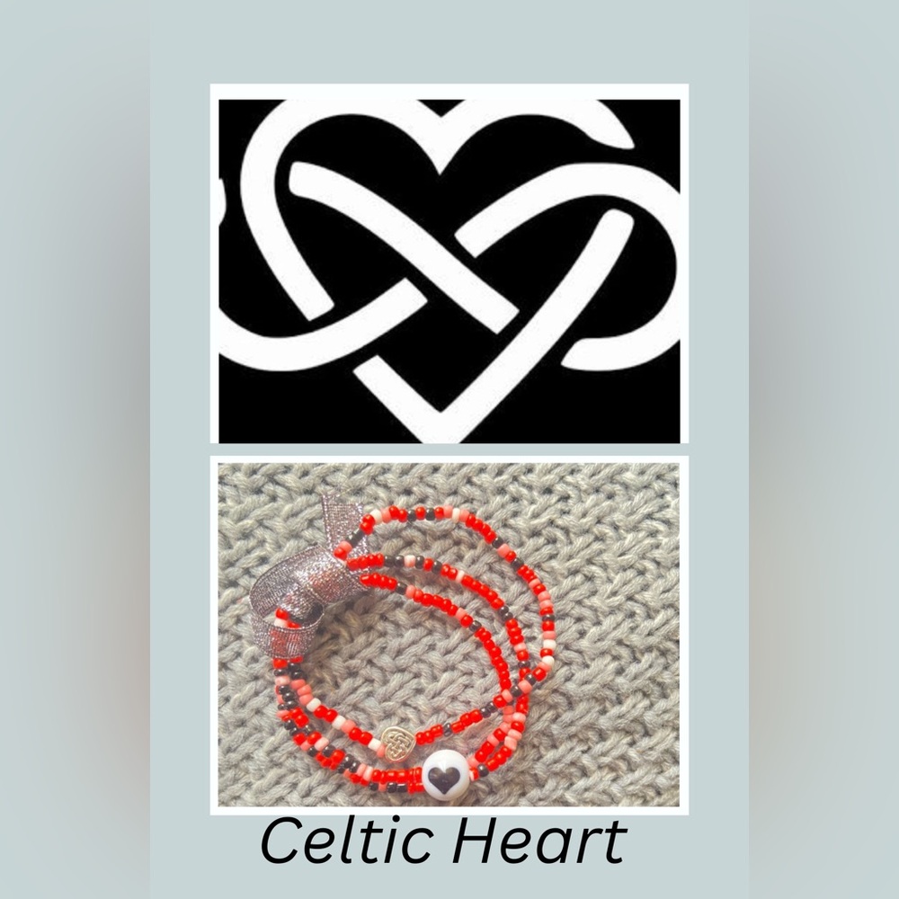 🪢Handmade seed bead 3 bracelets red black white pink mix + Celtic heart 💗
